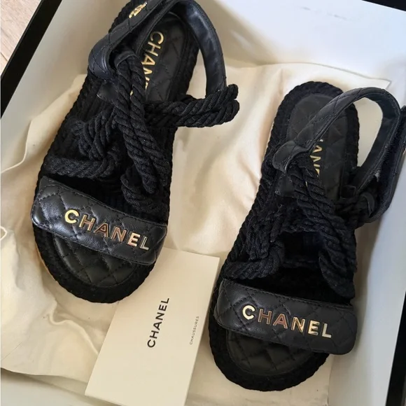 CHANEL Black Quilted Rope Sandals with Gold Logo - Picture 8 of 9